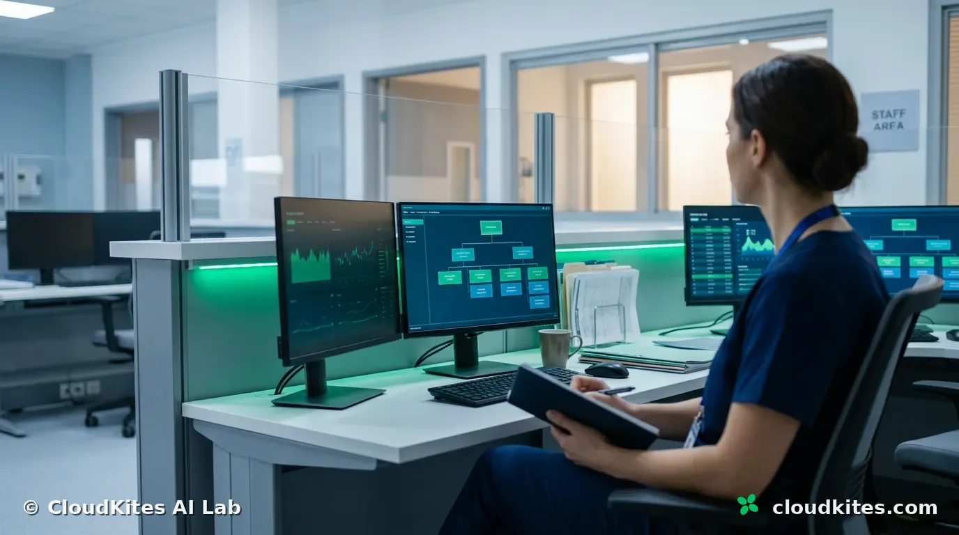 A clinician pausing at a workstation to think through a question worth asking.