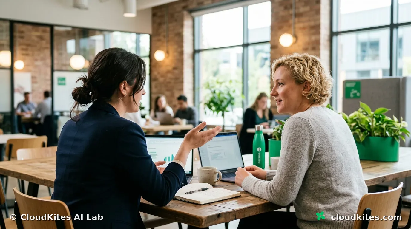Two people in an unhurried conversation about how the tools could fit their work.