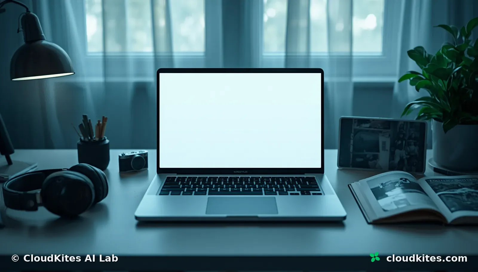 A laptop on a home desk surrounded by a notebook, a phone and headphones, hinting at text, voice and images.