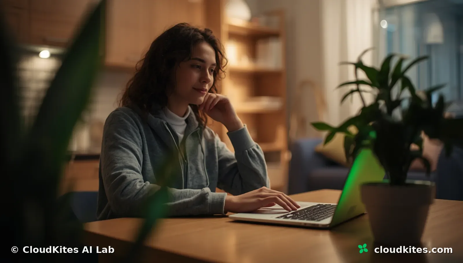 A person at home using a friendly AI assistant on a laptop, fully offline.