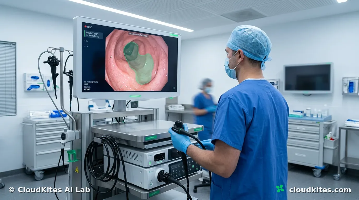 An endoscopy suite with a clinician working at the procedure monitor.