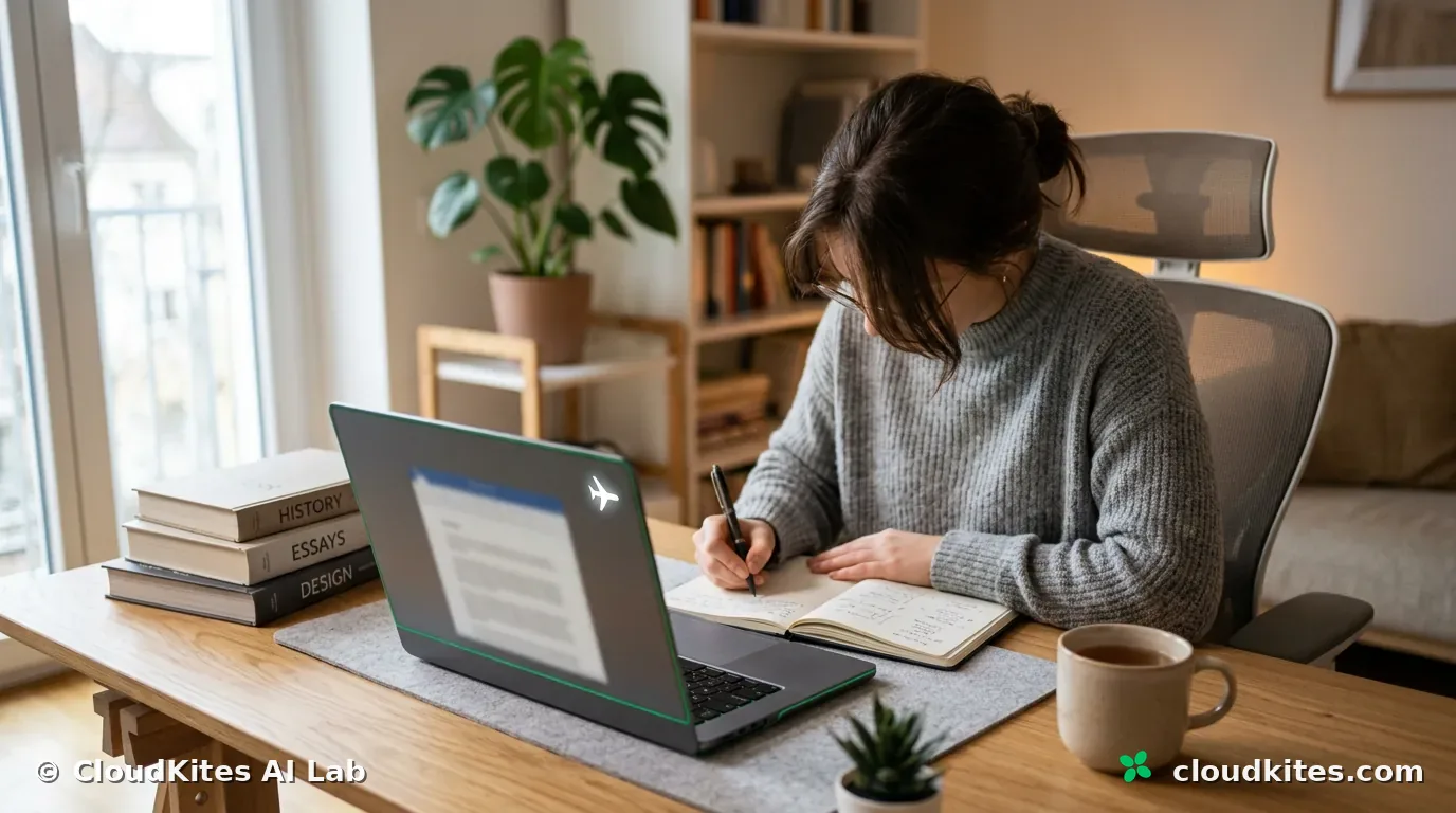 A person working privately at home on a laptop with no network connection.