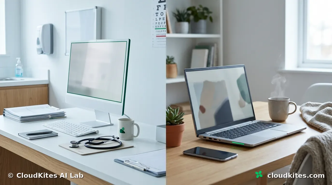 Two everyday computers side by side — one in a clinic, one at home — both running private, local AI.