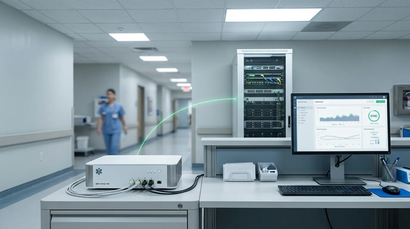 An edge appliance at the point of care with the pod archive behind it.