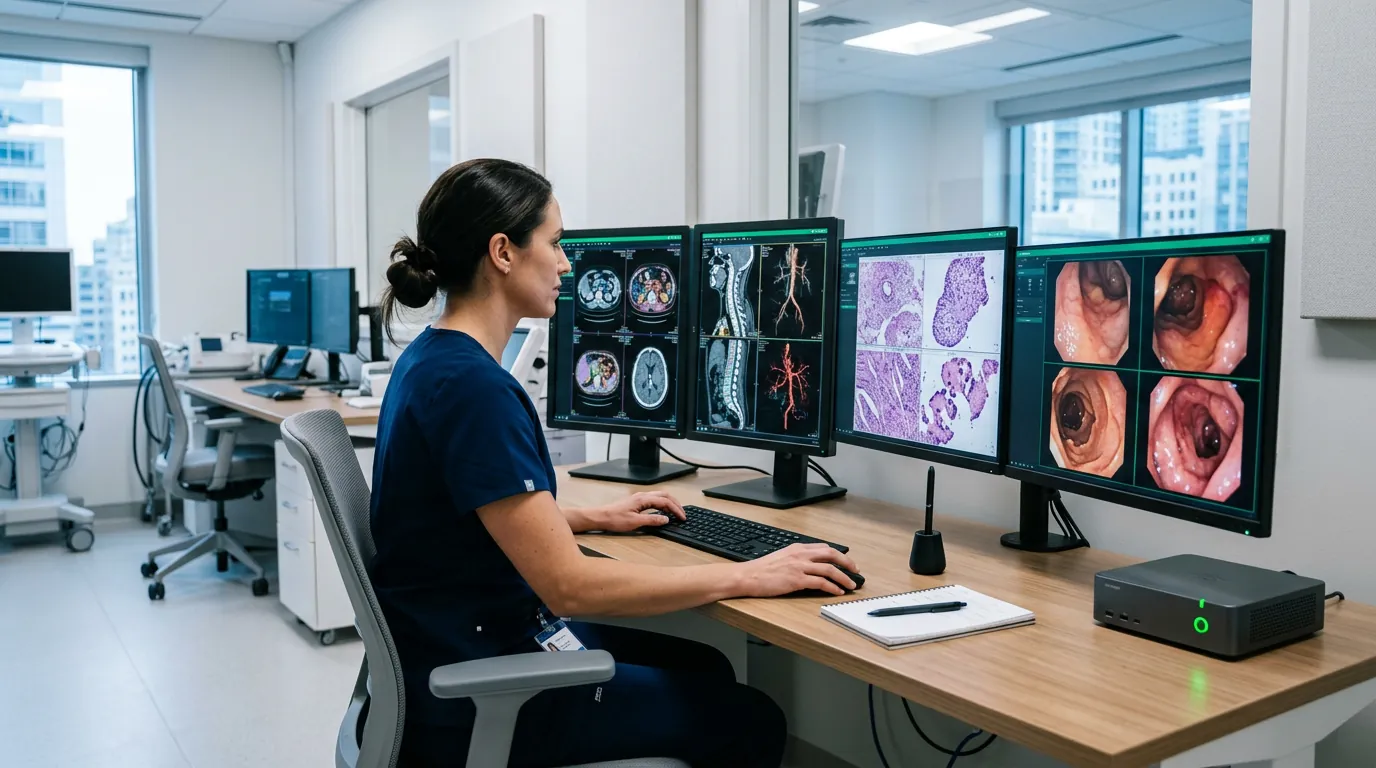 A clinician at a workstation reviewing medical imaging with AI assistance.