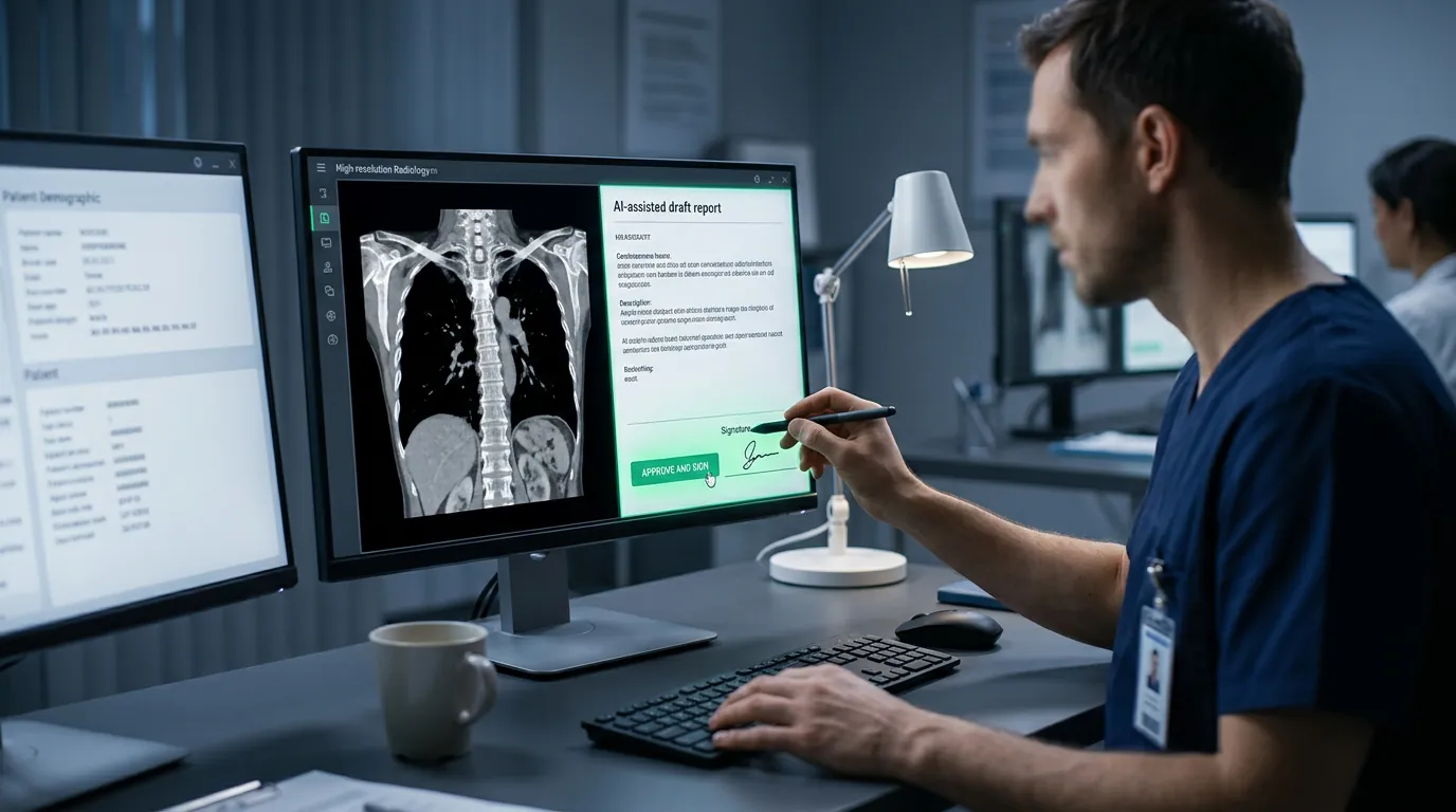 A clinician reviewing an AI-assisted draft report before signing.