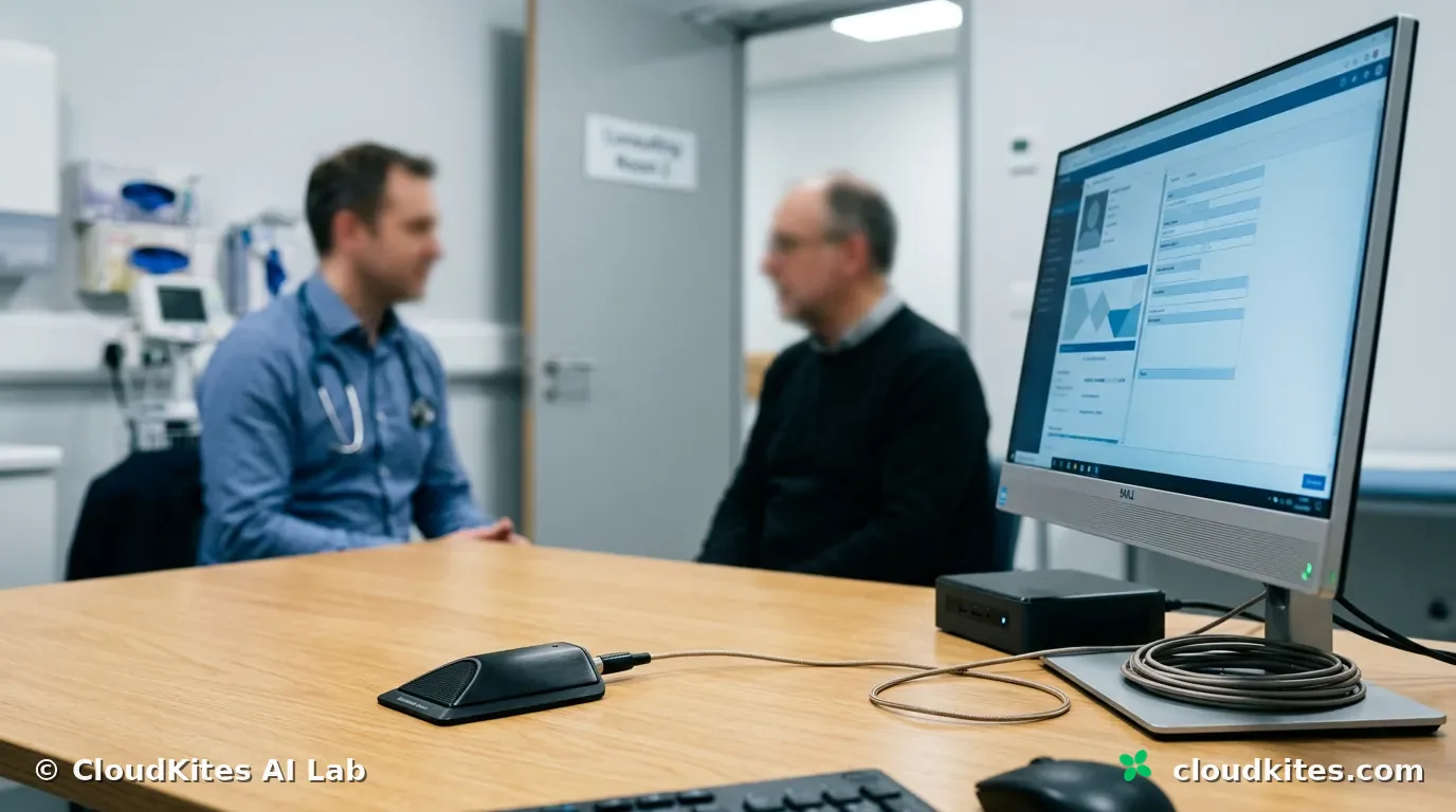 Close view of an ambient microphone on a clinician's desk during a consultation.