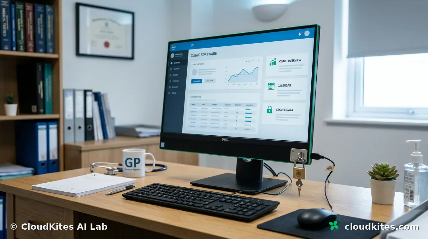 A GP's own computer running the assistant entirely on-site, disconnected from any network.