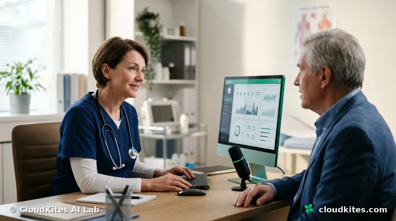 A GP and a patient in conversation while documentation is captured on the desktop nearby.