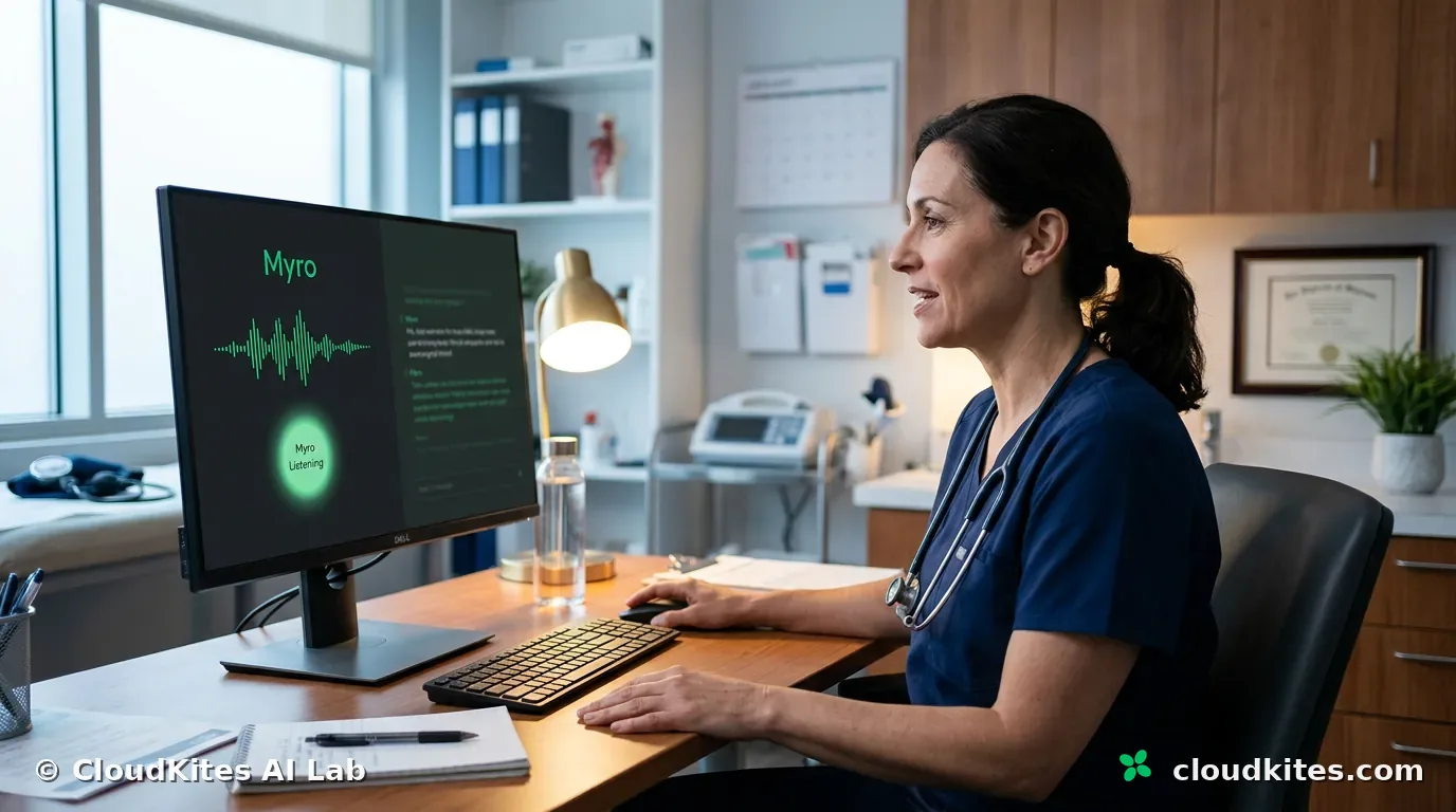 A clinician speaking with an on-screen voice assistant.