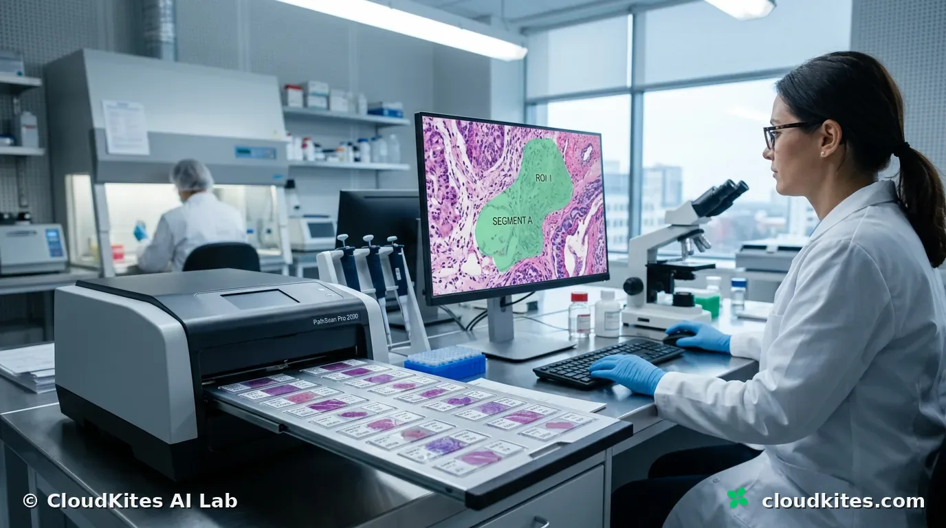 A pathology lab with a slide scanner and whole-slide imaging on screen.