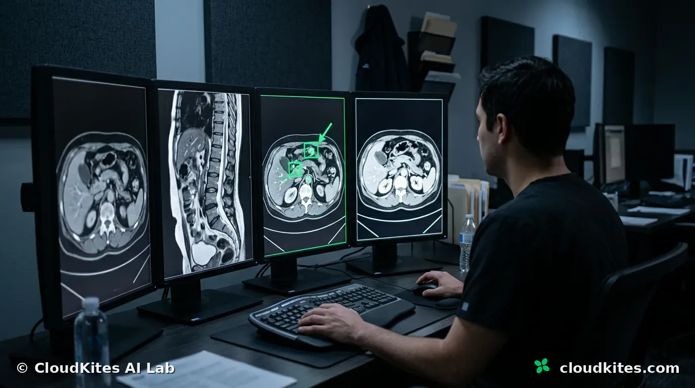 A radiology reading room with a multi-monitor diagnostic workstation.