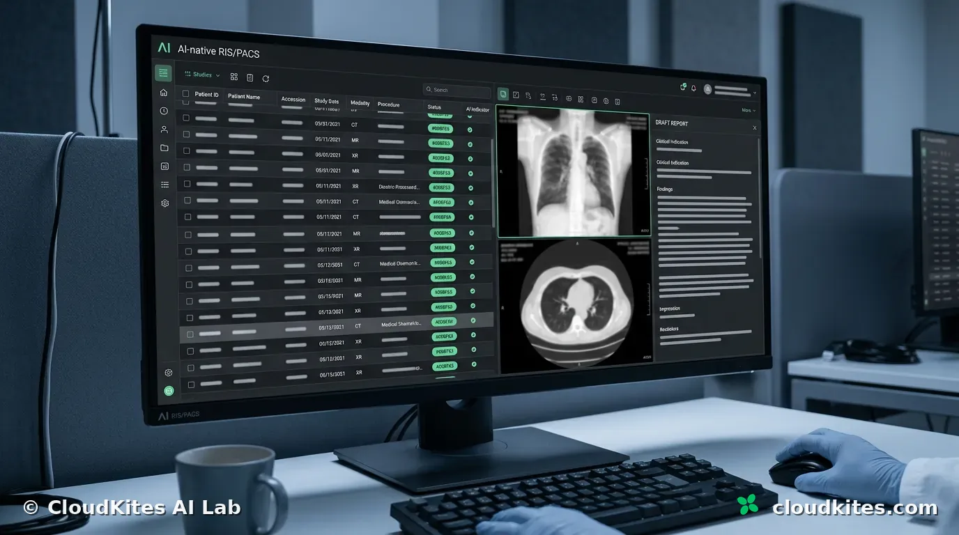 The AI-native RIS and PACS worklist on a radiology workstation.