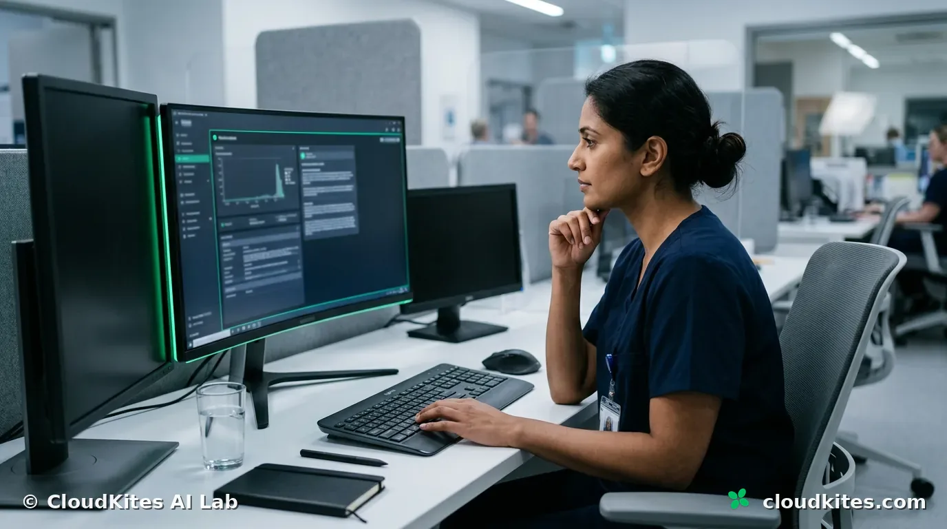A clinician reviewing and approving an AI-assisted suggestion at a workstation.