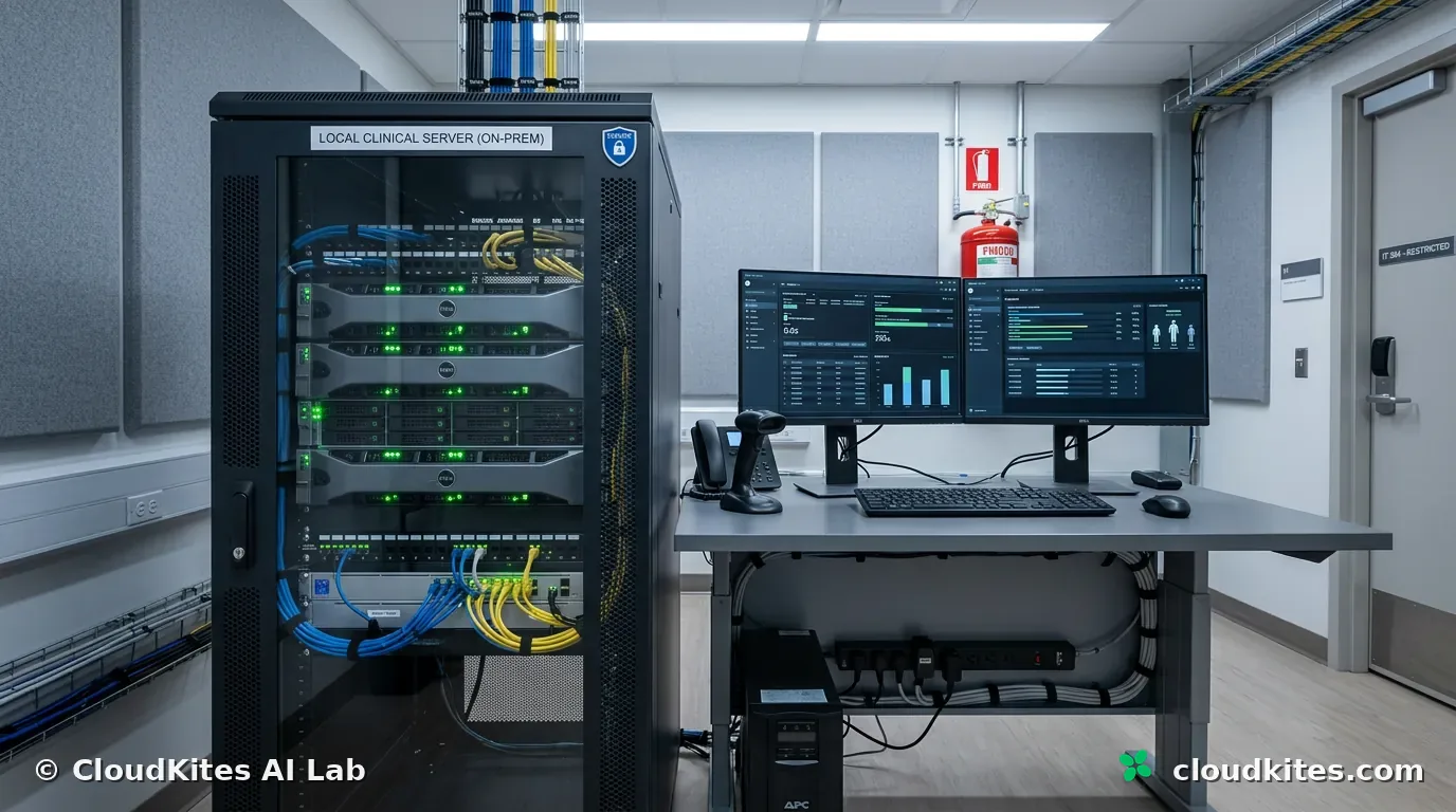 Servers and a clinical workstation inside a facility, with no link out to the cloud.