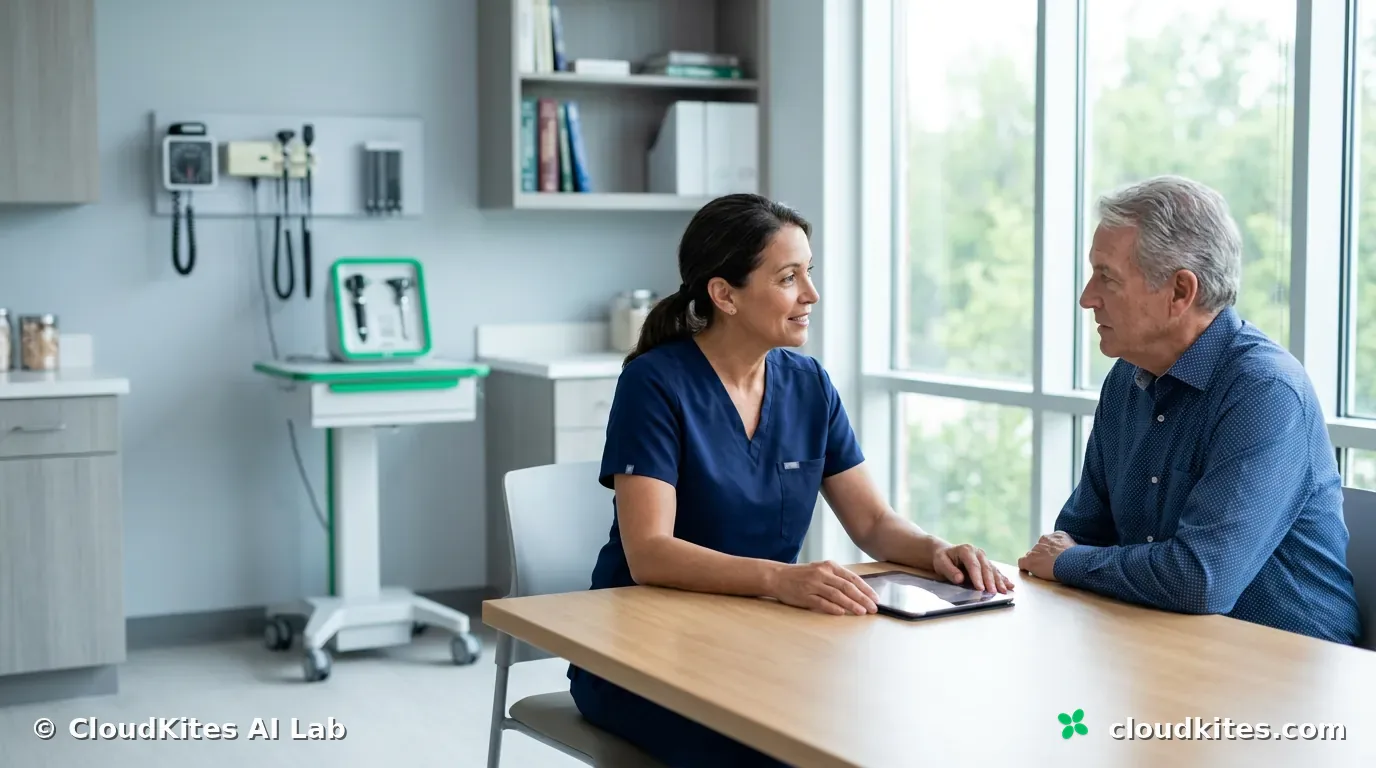 A clinician and patient together in a treatment room where care actually happens.